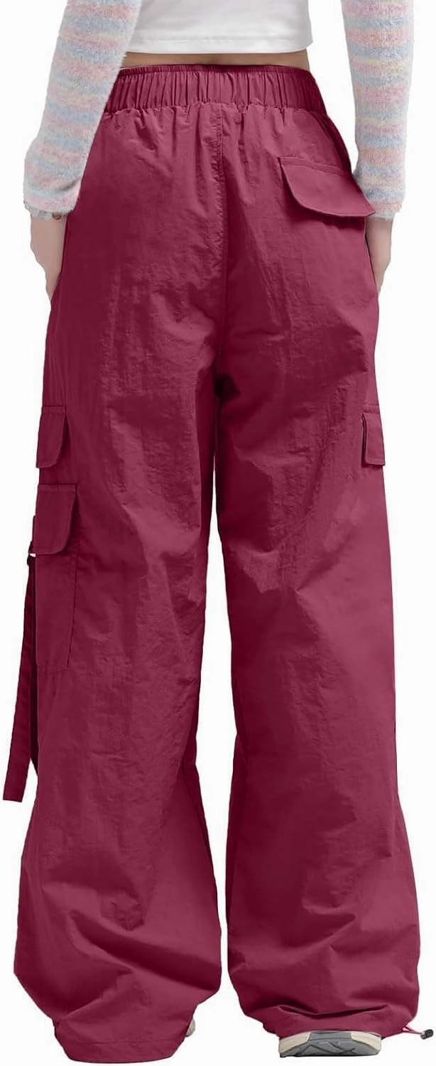 Parachute Pants for Women Wide Leg Cargo Pants Y2K Streetwear Casual Elastic Waist Hiking Trousers with Pockets