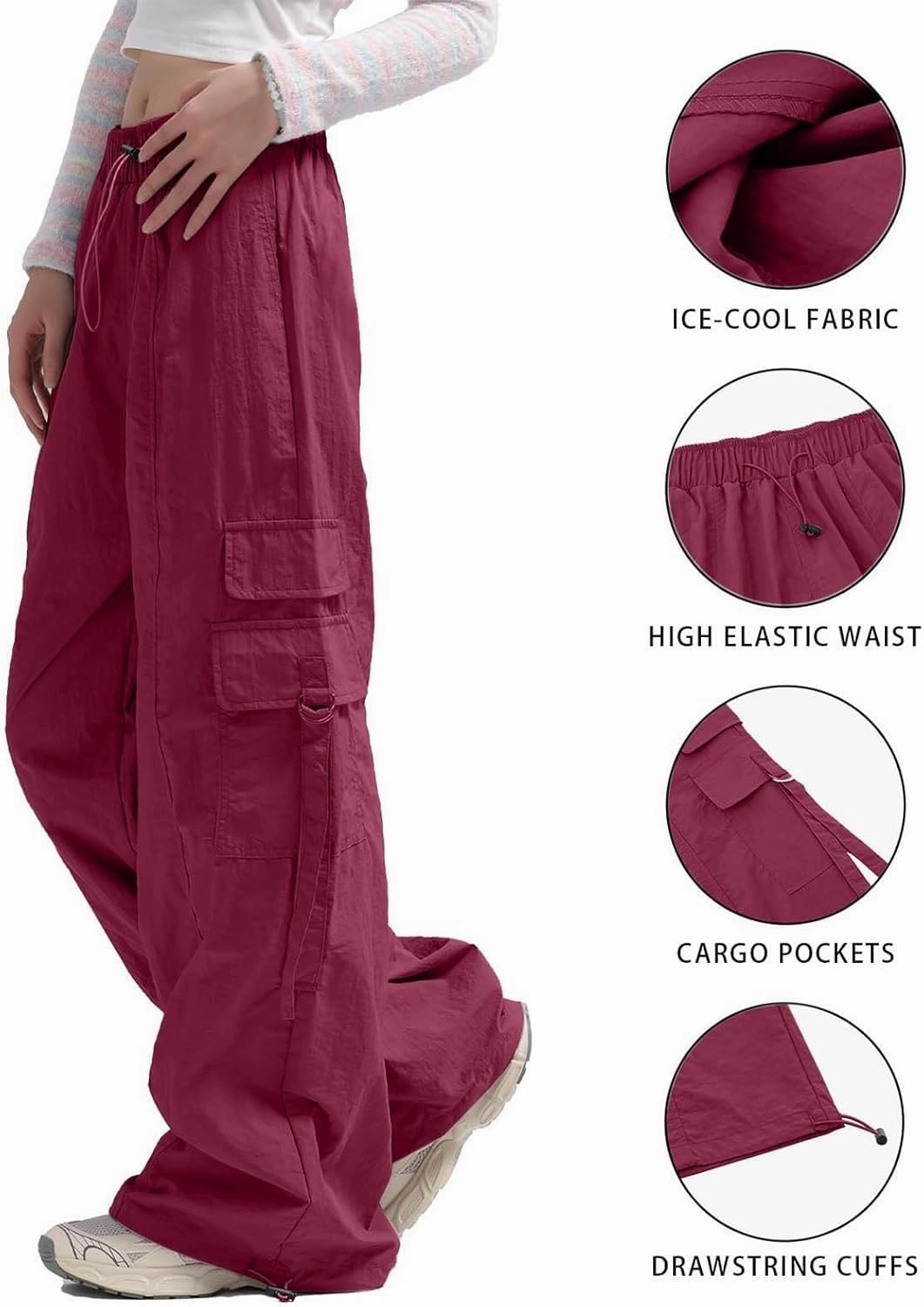 Parachute Pants for Women Wide Leg Cargo Pants Y2K Streetwear Casual Elastic Waist Hiking Trousers with Pockets