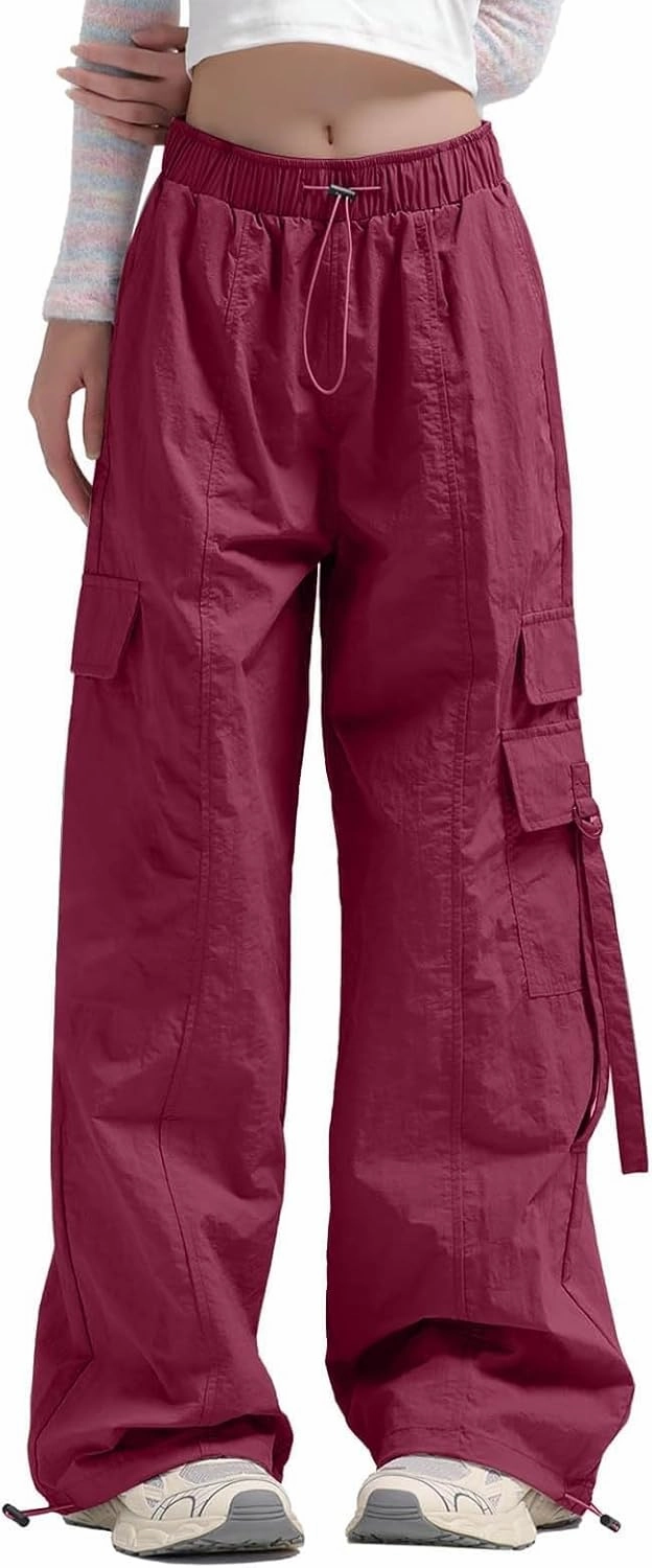 Parachute Pants for Women Wide Leg Cargo Pants Y2K Streetwear Casual Elastic Waist Hiking Trousers with Pockets
