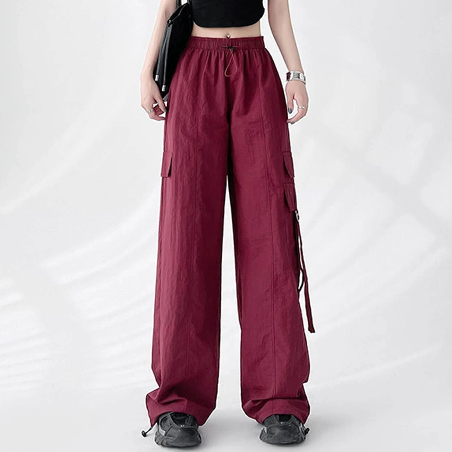 Parachute Pants for Women Wide Leg Cargo Pants Y2K Streetwear Casual Elastic Waist Hiking Trousers with Pockets