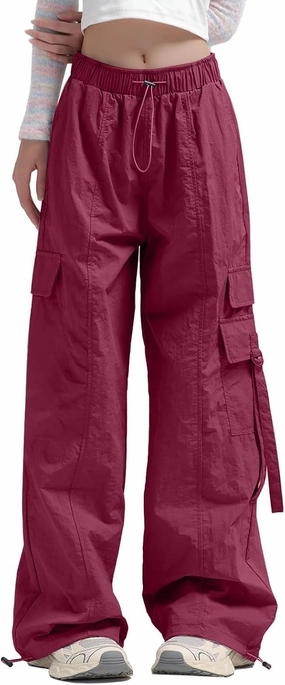 Parachute Pants for Women Wide Leg Cargo Pants Y2K Streetwear Casual Elastic Waist Hiking Trousers with Pockets