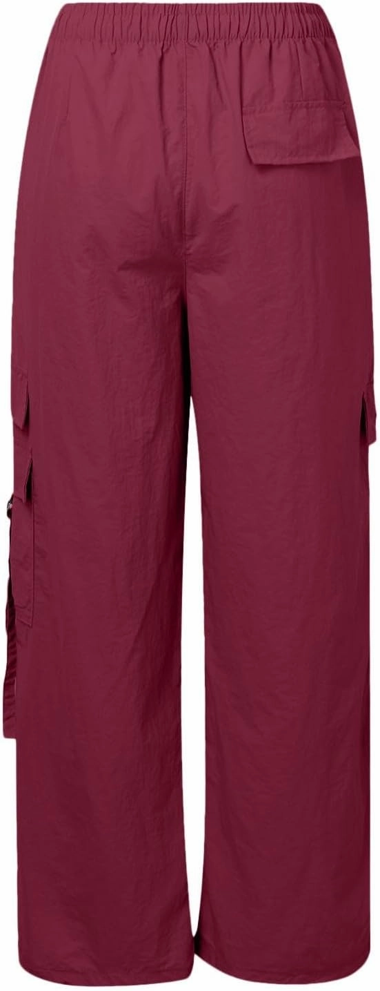 Parachute Pants for Women Wide Leg Cargo Pants Y2K Streetwear Casual Elastic Waist Hiking Trousers with Pockets