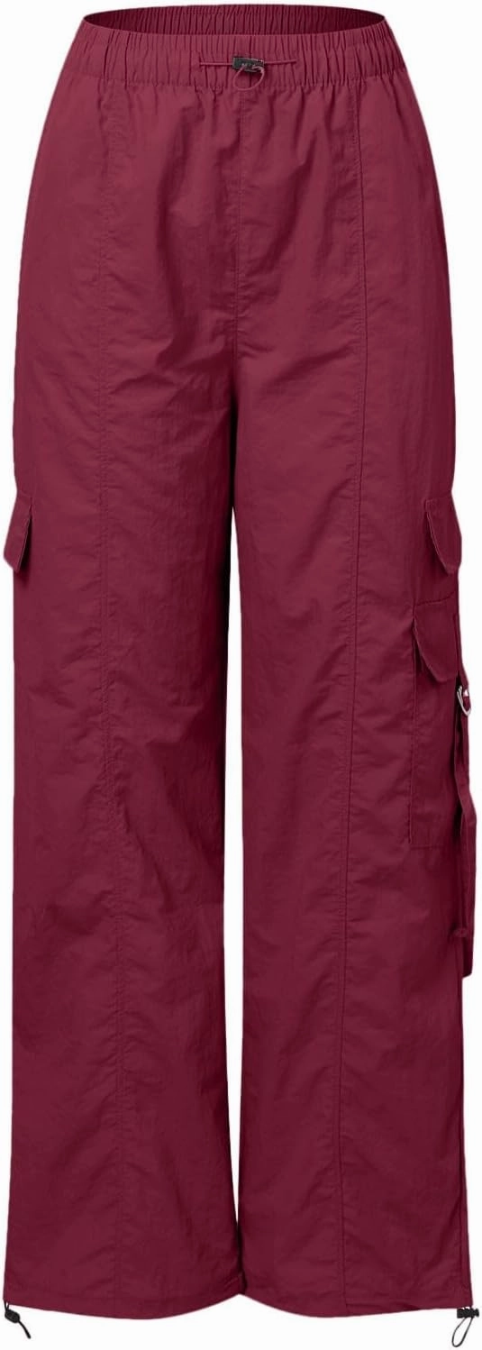 Parachute Pants for Women Wide Leg Cargo Pants Y2K Streetwear Casual Elastic Waist Hiking Trousers with Pockets