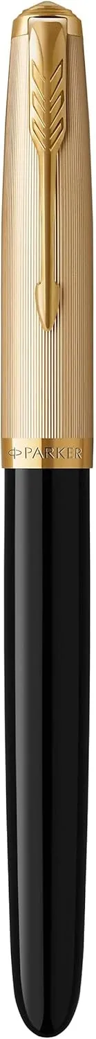 Parker 51 Fountain Pen | Deluxe Black Barrel with Gold Trim | Fine 18k Gold Nib with Black Ink Cartridge | Gift Box