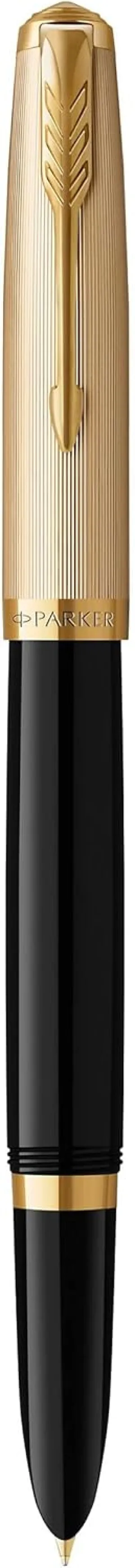 Parker 51 Fountain Pen | Deluxe Black Barrel with Gold Trim | Fine 18k Gold Nib with Black Ink Cartridge | Gift Box