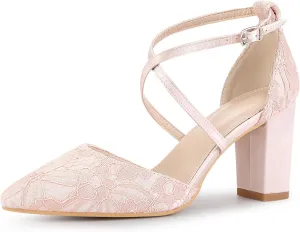 Perphy Crisscross Straps Closed Toe Block Heels Lace Pumps for Women