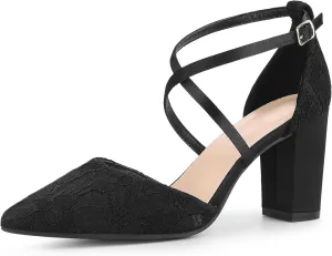 Perphy Crisscross Straps Closed Toe Block Heels Lace Pumps for Women
