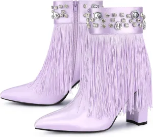 Perphy Pointed Toe Fringe Rhinestone Chunky Heel Ankle Boots for Women