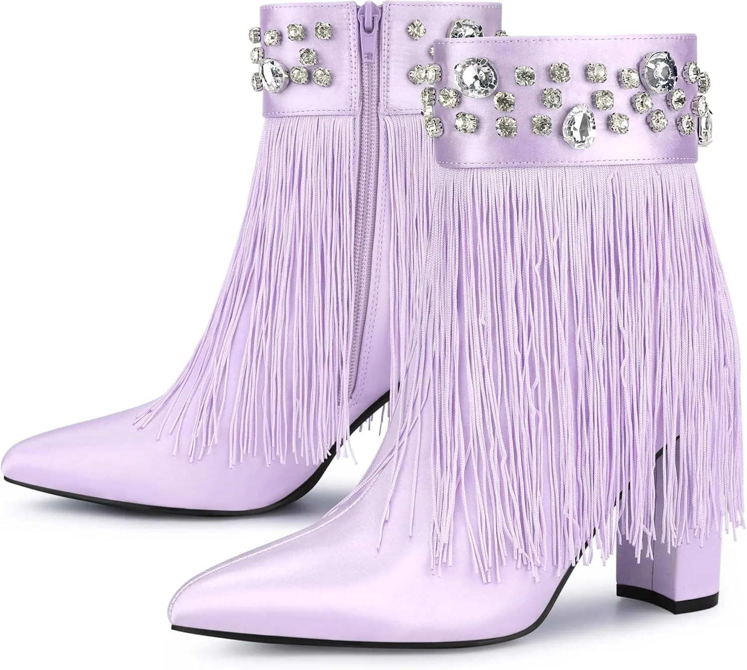 Perphy Pointed Toe Fringe Rhinestone Chunky Heel Ankle Boots for Women