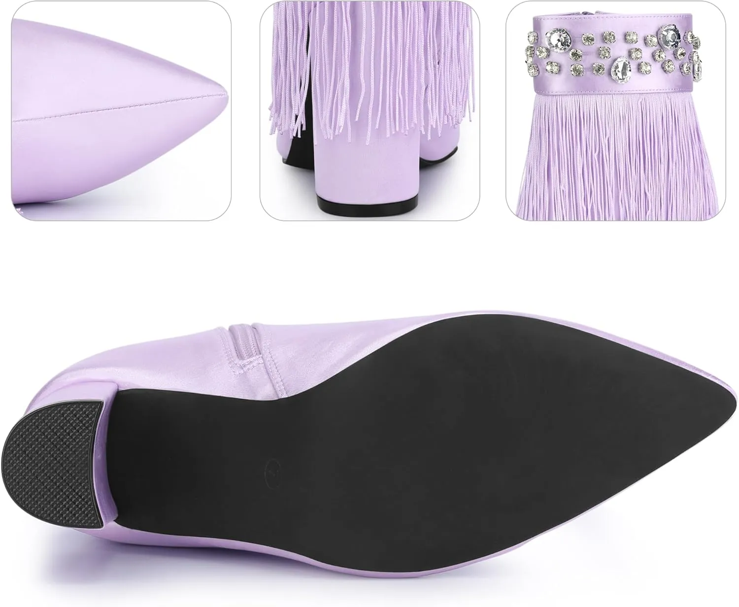 Perphy Pointed Toe Fringe Rhinestone Chunky Heel Ankle Boots for Women