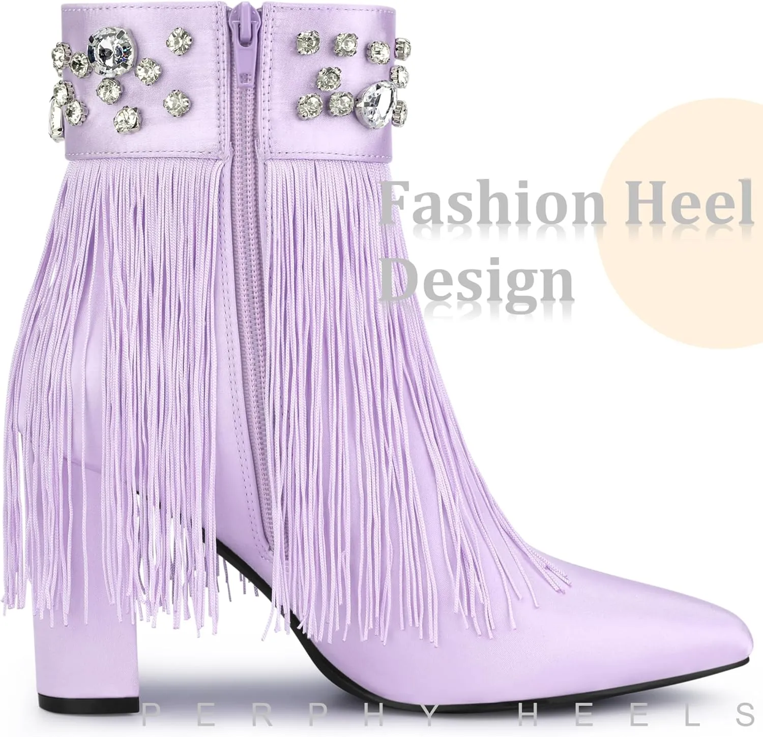 Perphy Pointed Toe Fringe Rhinestone Chunky Heel Ankle Boots for Women