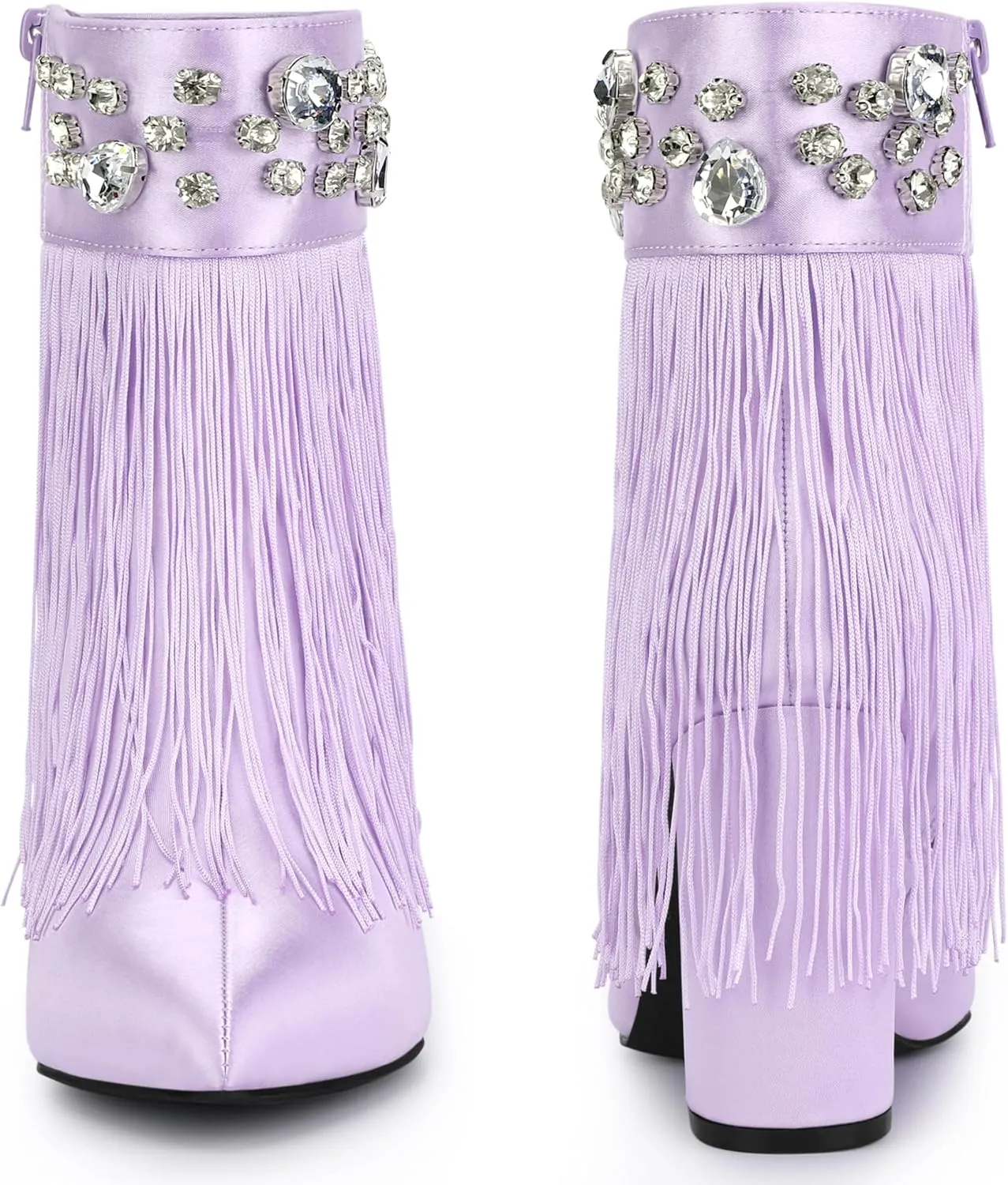Perphy Pointed Toe Fringe Rhinestone Chunky Heel Ankle Boots for Women