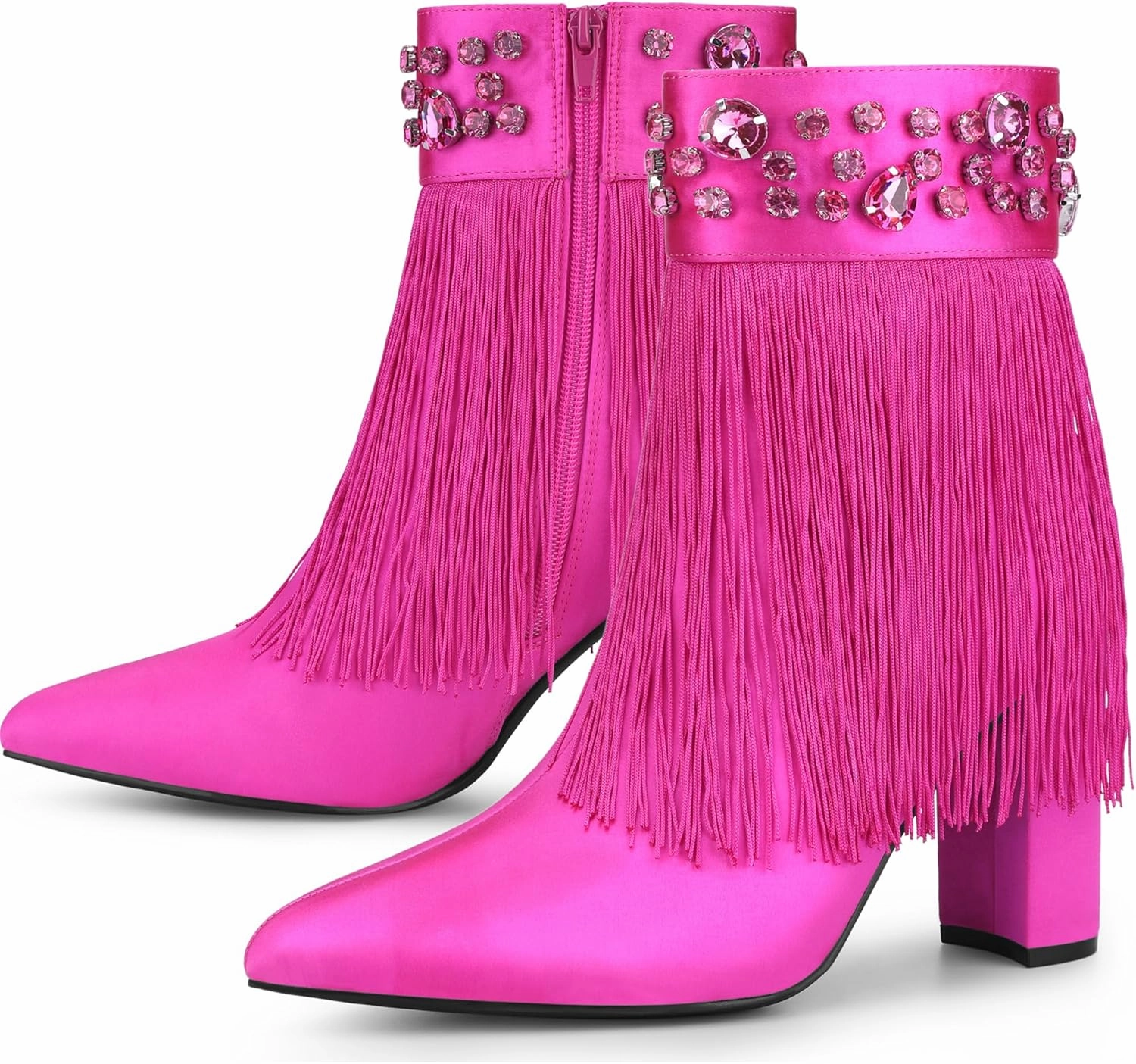 Perphy Pointed Toe Fringe Rhinestone Chunky Heel Ankle Boots for Women