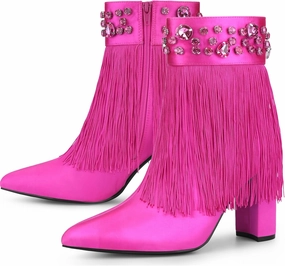 Perphy Pointed Toe Fringe Rhinestone Chunky Heel Ankle Boots for Women