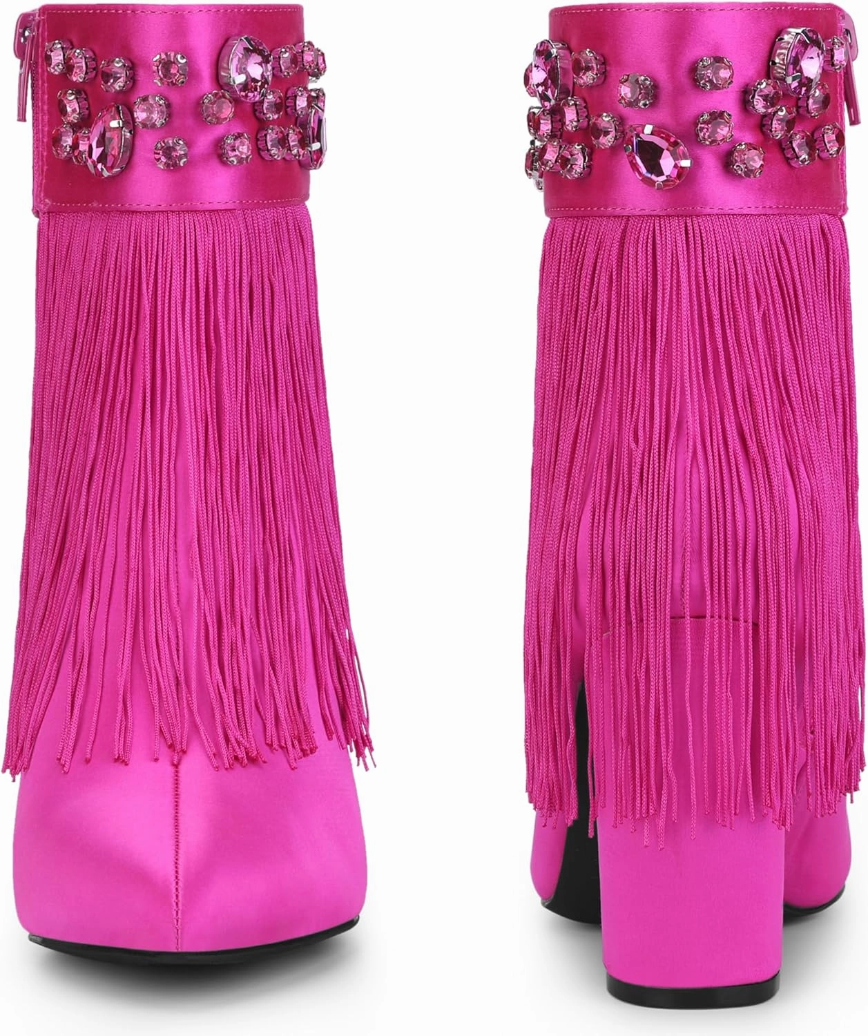 Perphy Pointed Toe Fringe Rhinestone Chunky Heel Ankle Boots for Women