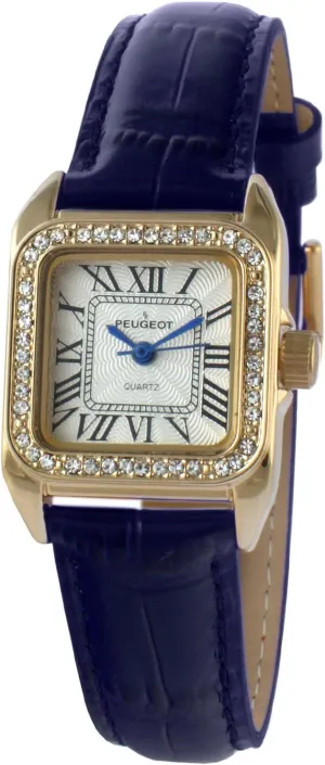 Peugeot Women's 14K Gold-Plated Tank Crystal Bezel Roman Numeral Blue Leather Band Watch 3052BL