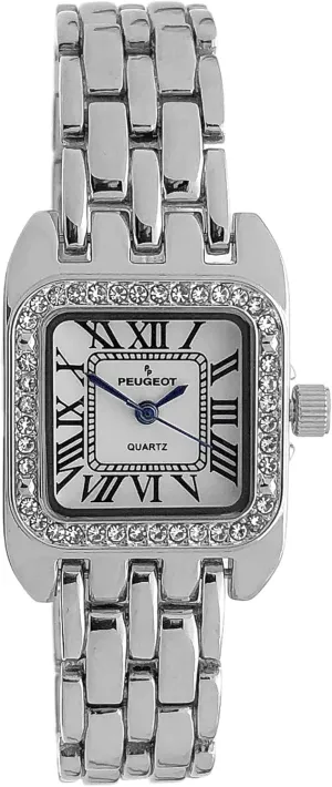 Peugeot Women's Tank Shape Watch with Panther Link Bracelet, Dress Watch with Crystal Bezel and Roman Numeral Dial