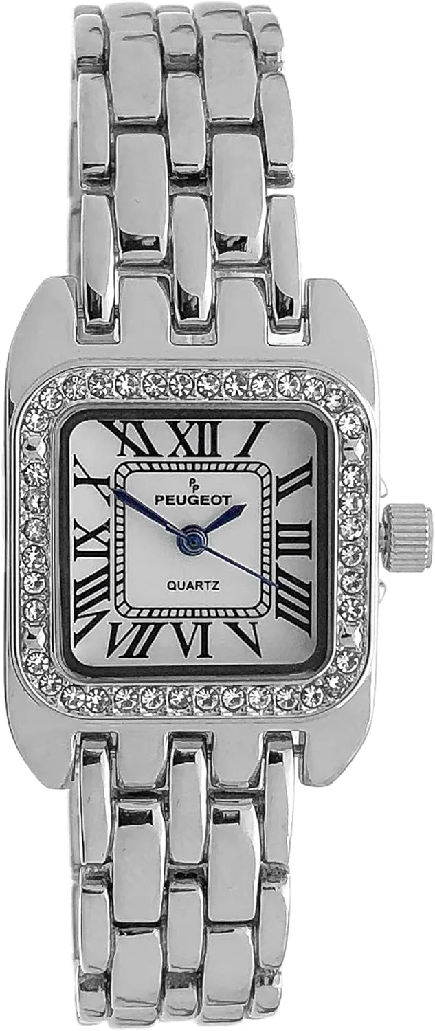 Peugeot Women's Tank Shape Watch with Panther Link Bracelet, Dress Watch with Crystal Bezel and Roman Numeral Dial