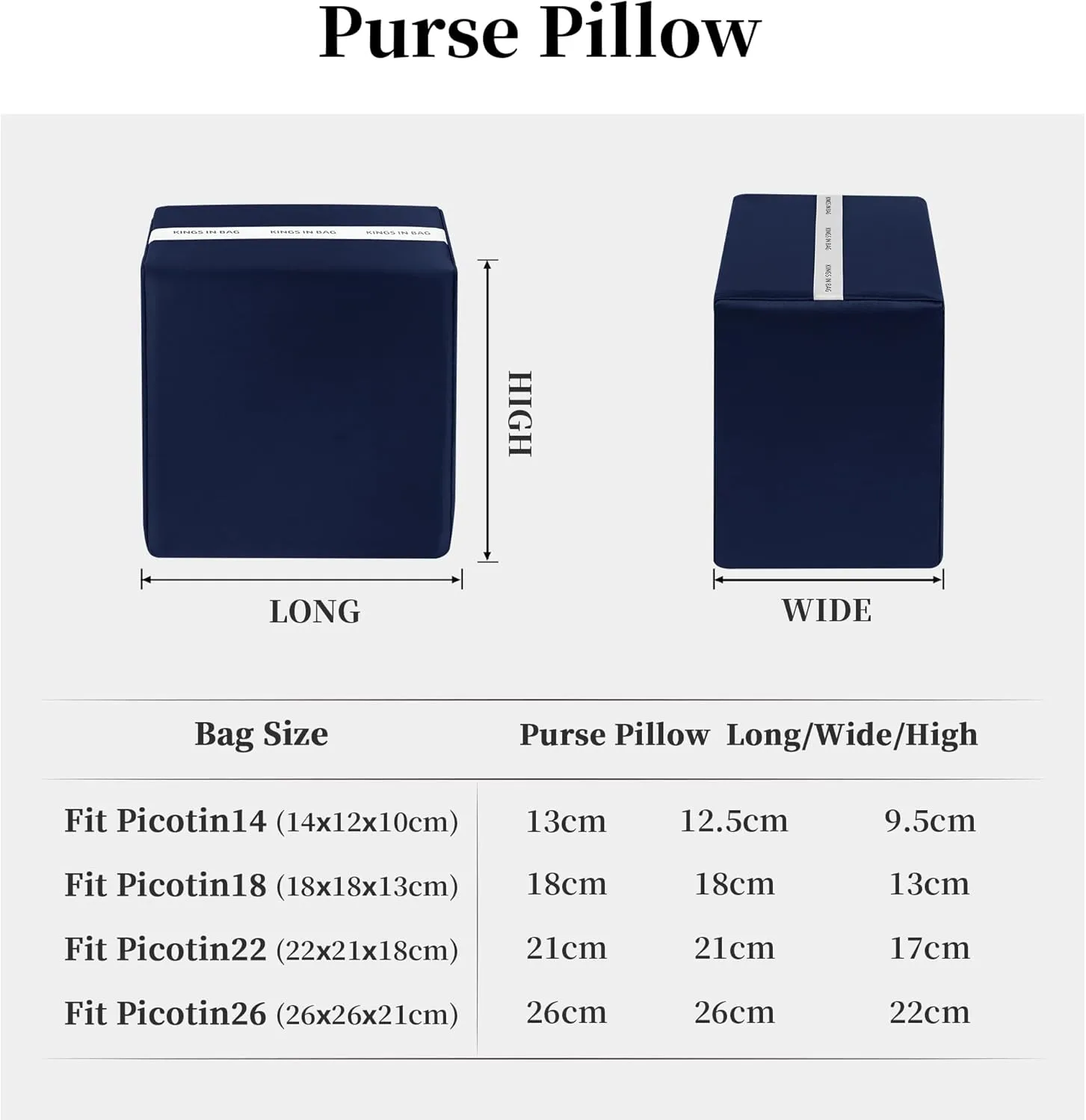 Picotin 18 Bag Pillow Insert, Purse Pillow Compatible with Hermes Picotin Bags, Lightweight Pillow Inserts to Keep Shape, Satin Surface and Soft Memory Foam Inner(Blue nuit, PC18)