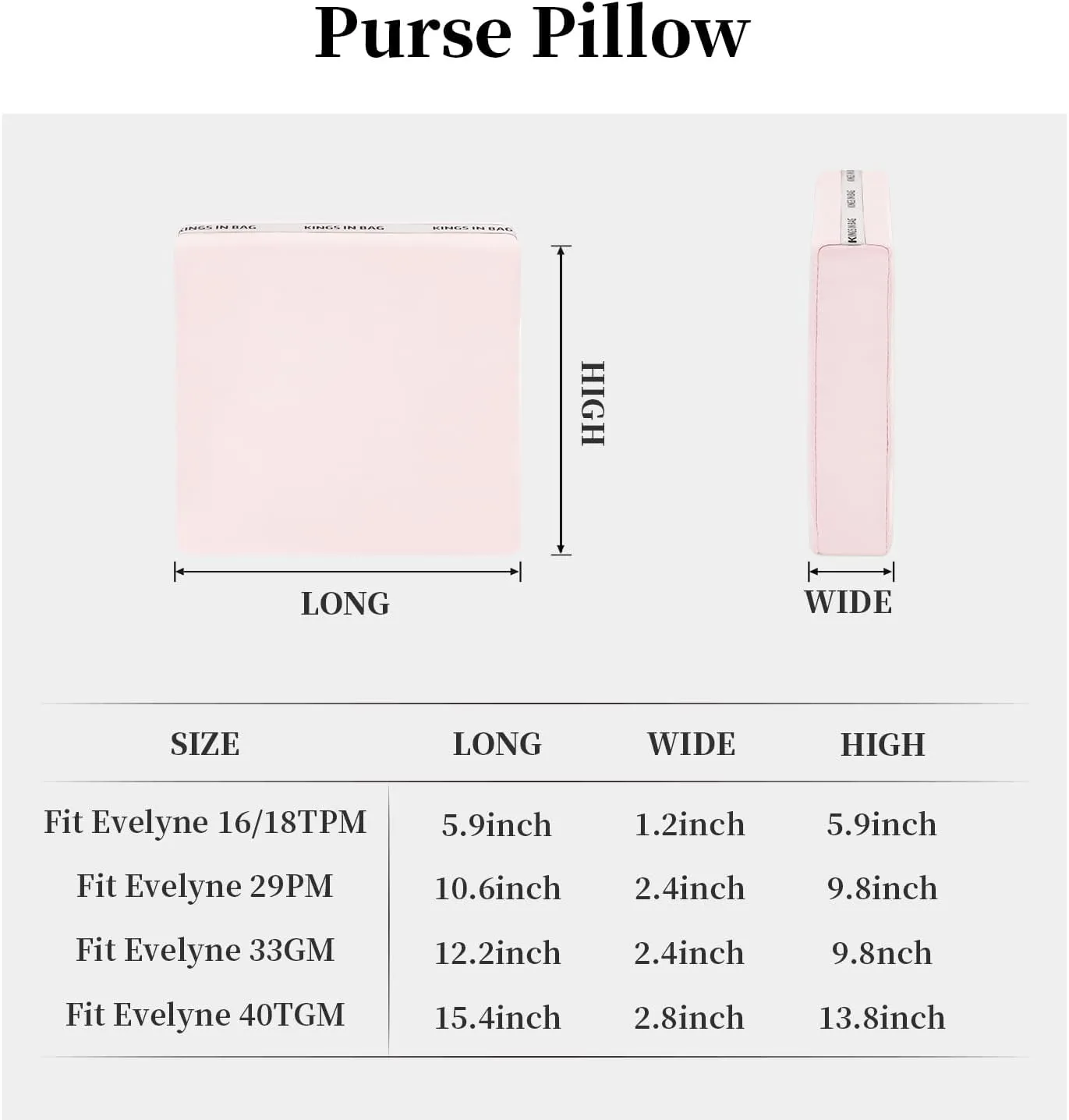 Pillow Inserts for Evelyne TPM, Purse Pillow Compatible with Evelyne 16, Soft Memory Foam Pillow to Keep Shape without Overfull (Pink, EvelyneTPM)