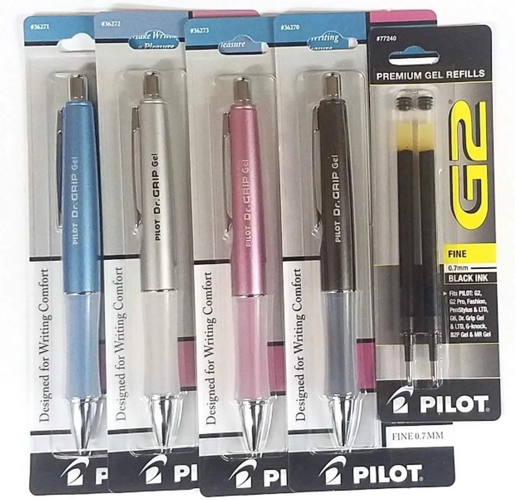 Pilot 4 Count Fine Point Gel Ink Rollerball Pens, Metallic Mauve, Ice Blue, Silver, Charcoal Gray, Black Ink, 2 Black Refills