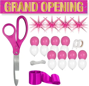 Pink Ribbon Cutting Ceremony Kit - 25 Inch Pink Scissors for Grand Opening Satin Ribbon Star Balloons and Grand Opening Banner for Inaugurations Special Events Ceremonies