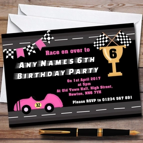 Pink Girls Racing Car & Flag Childrens Birthday Party Invitations