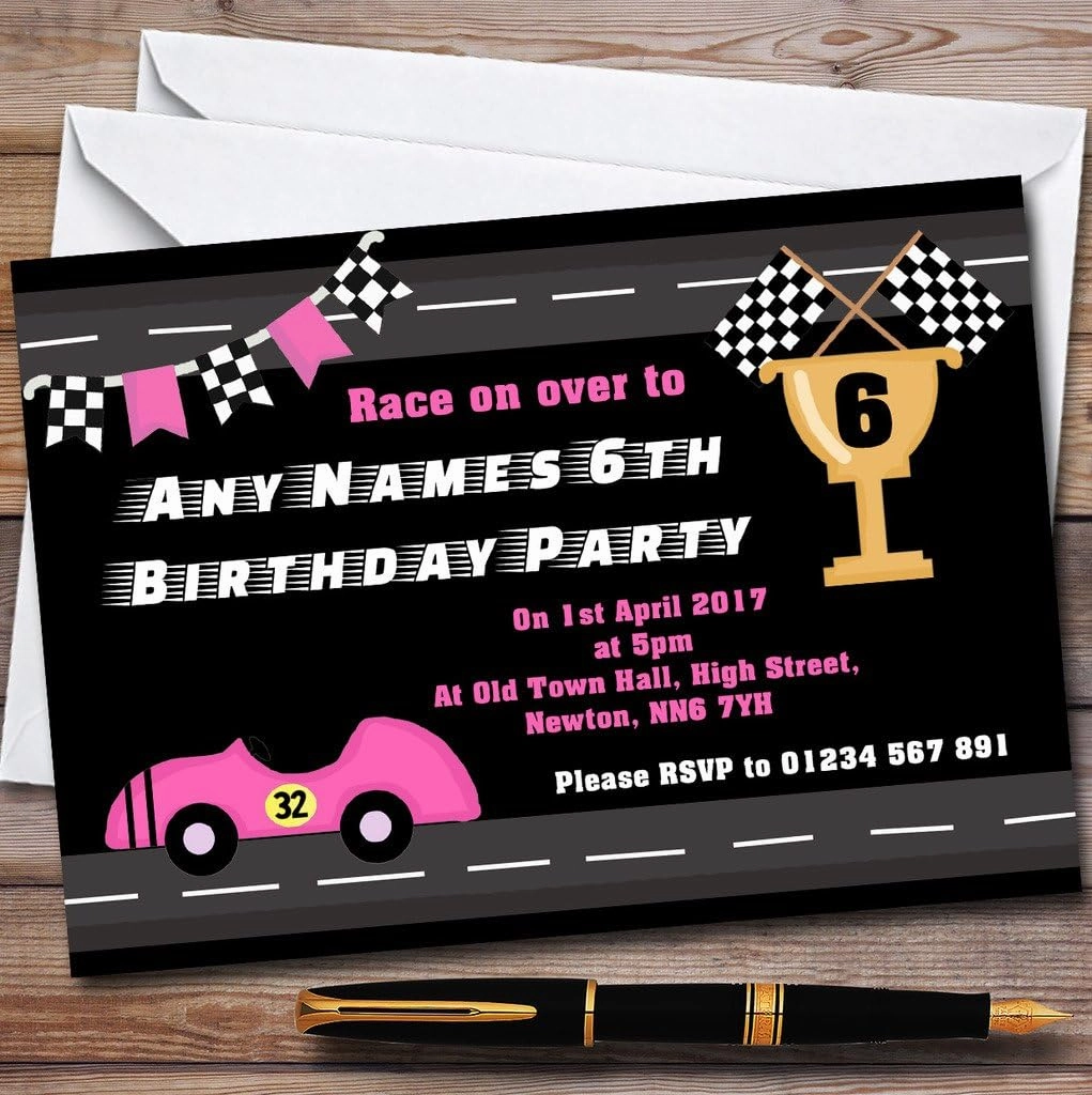 Pink Girls Racing Car & Flag Childrens Birthday Party Invitations