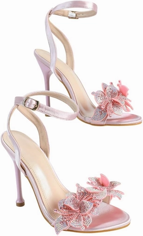 Pink High Heel Sandals for Women, Women's Satin Rhinestone Flower Heels with Ankle Strap, Elegant Dressy Shoes for Weddings, Parties & Evening Events (US 6-10.5)