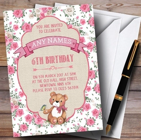 Pink Roses Girls Teddy Bear Picnic Childrens Birthday Party Invitations