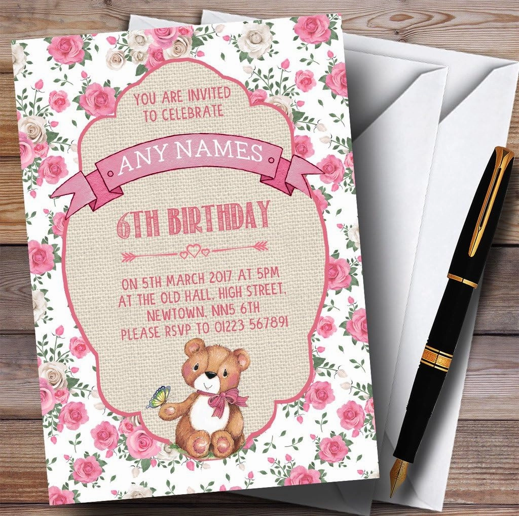 Pink Roses Girls Teddy Bear Picnic Childrens Birthday Party Invitations