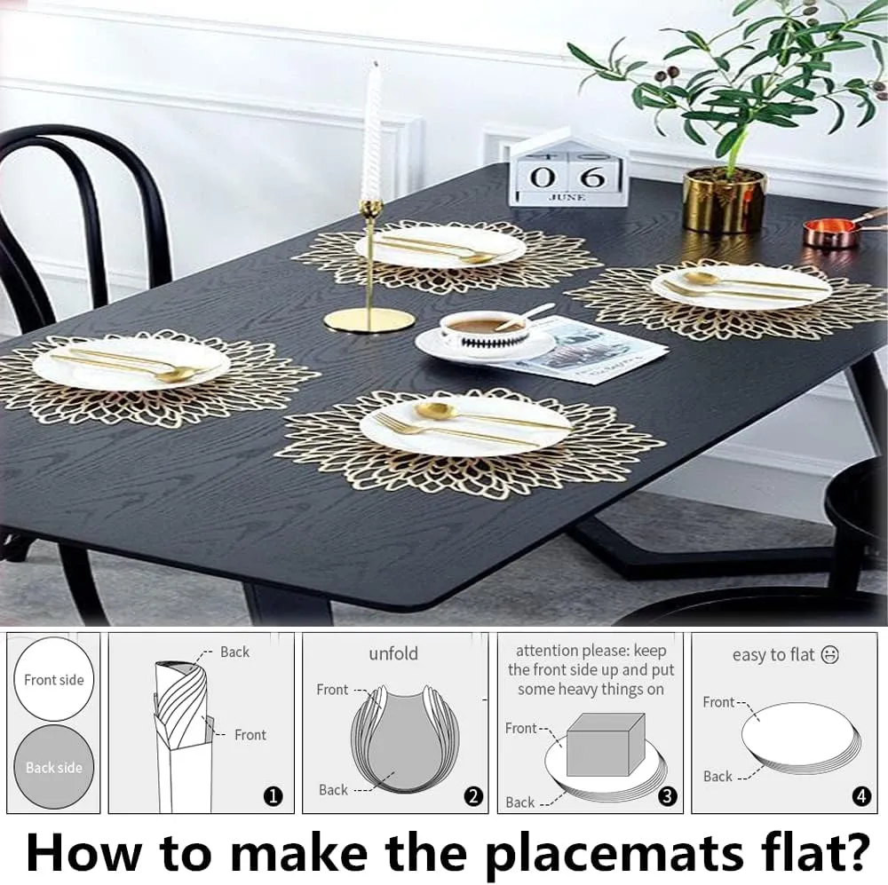 Placemats 15 inch Pressed Vinyl Round Table Mates for Dining Table Set of 6, Washable and Wipeable Kitchen Place Mat for Holiday Wedding Dinner Table Decoration Mat (Gold A)