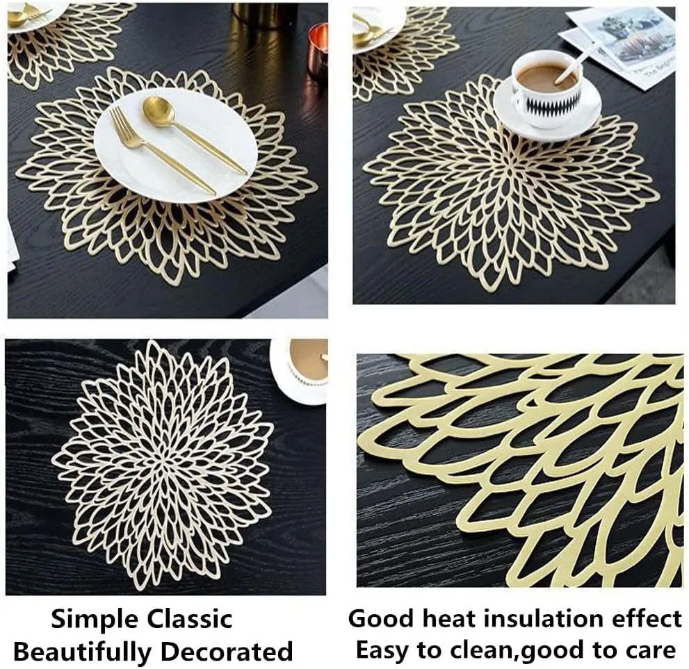 Placemats 15 inch Pressed Vinyl Round Table Mates for Dining Table Set of 6, Washable and Wipeable Kitchen Place Mat for Holiday Wedding Dinner Table Decoration Mat (Gold A)