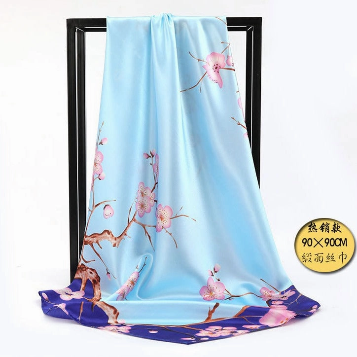 Plum Blossom Satin Square Scarf – Retro Elegance