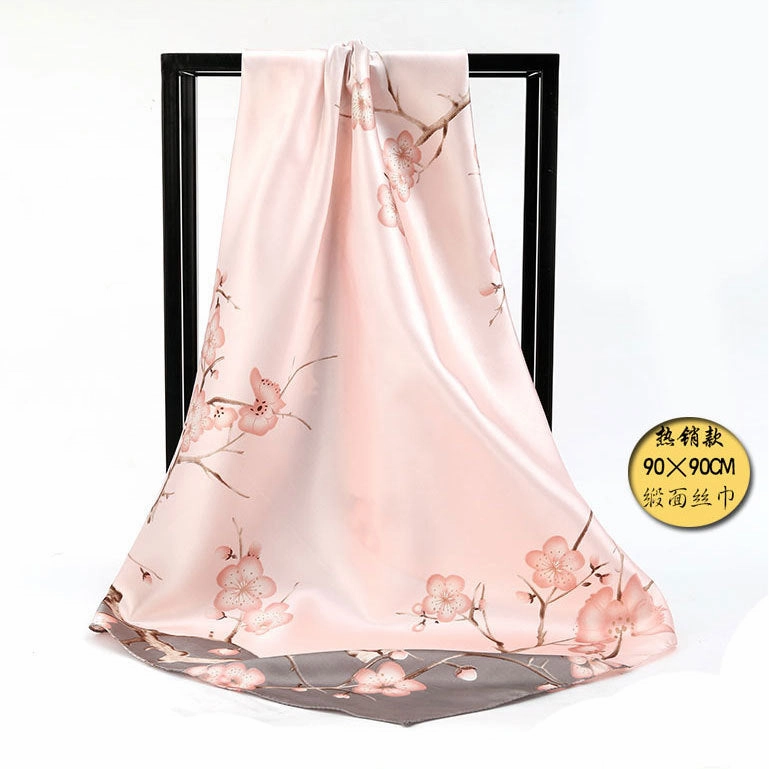 Plum Blossom Satin Square Scarf – Retro Elegance
