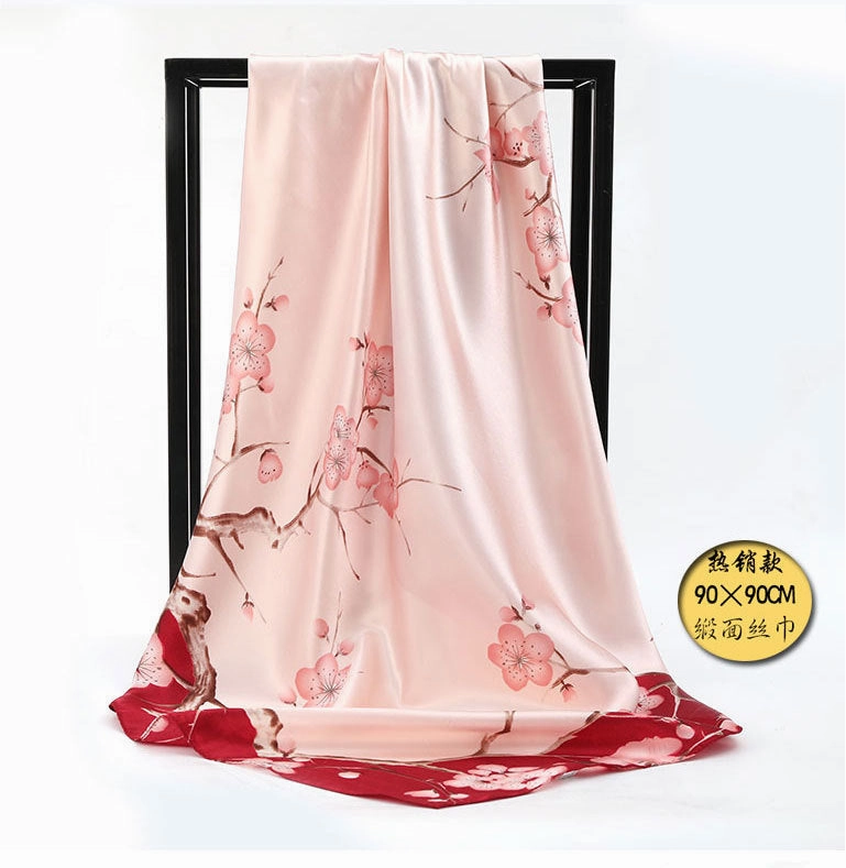 Plum Blossom Satin Square Scarf – Retro Elegance