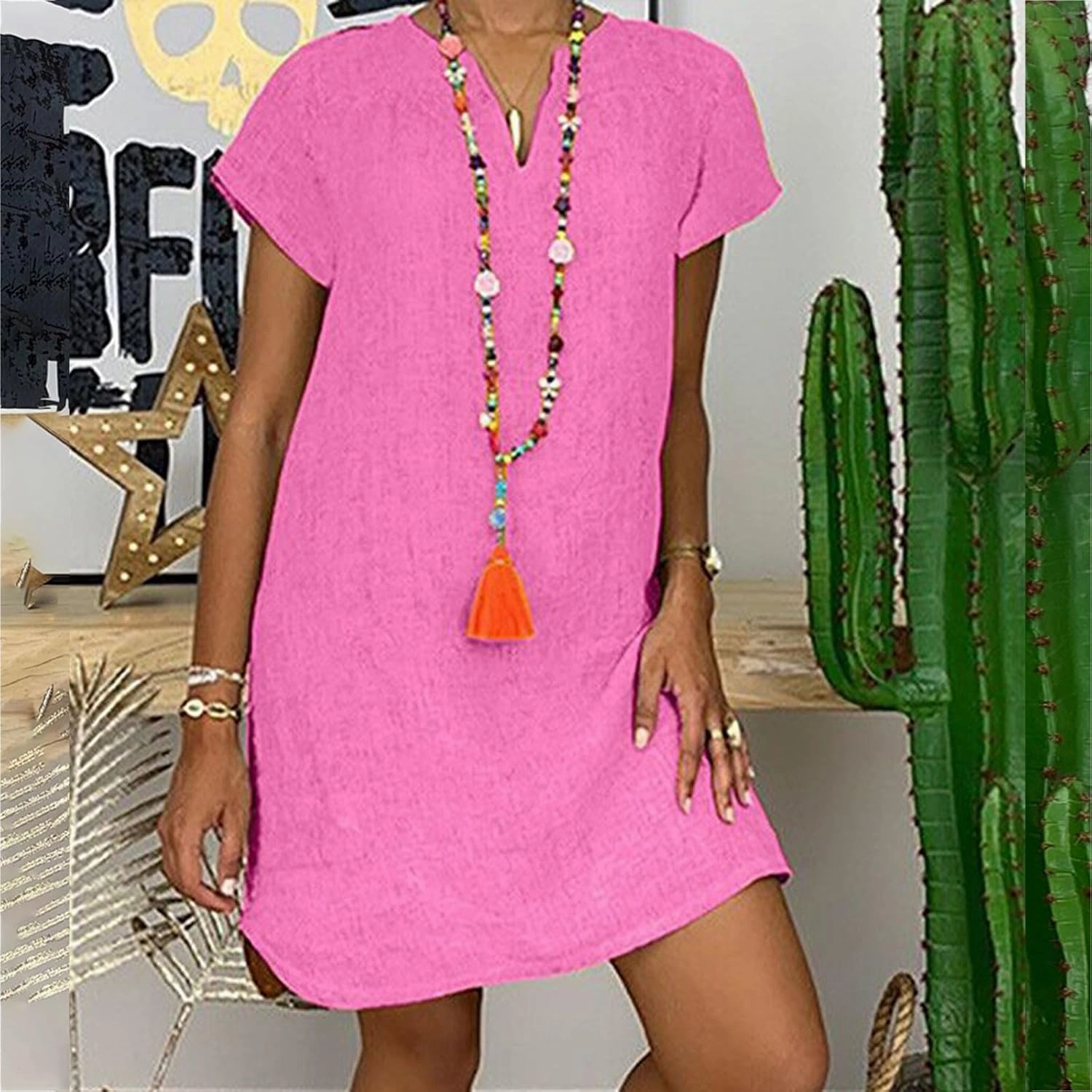 Plus Size Dress for Women Short Sleeve Cotton Linen Dress Summer Solid V-Neck Dress Vacation Boho Dress Sundress