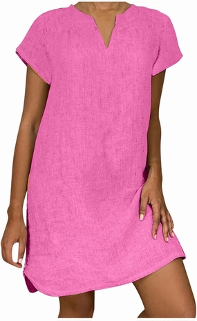 Plus Size Dress for Women Short Sleeve Cotton Linen Dress Summer Solid V-Neck Dress Vacation Boho Dress Sundress