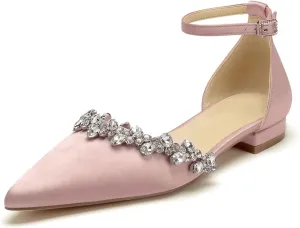 Pointed Toe Satin Wedding Flats for Bride Comfortable Rhinestones White Wedding Shoes Low Heels Bridal Flats Evening Prom Party Dress Shoes Pumps for Women