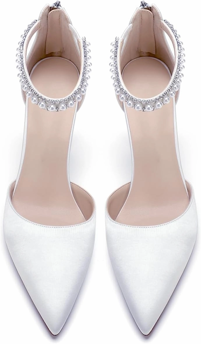 Pointed Toe Pearl Wedding Shoes for Bride White High Heels Satin Bridal Shoes Zipper Back Evening Party Dance Dresses Shoes Pumps for Women