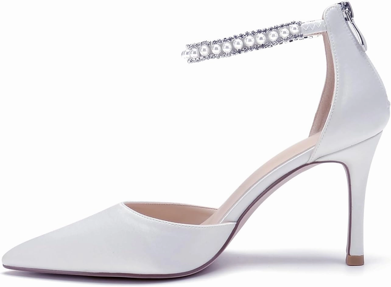 Pointed Toe Pearl Wedding Shoes for Bride White High Heels Satin Bridal Shoes Zipper Back Evening Party Dance Dresses Shoes Pumps for Women