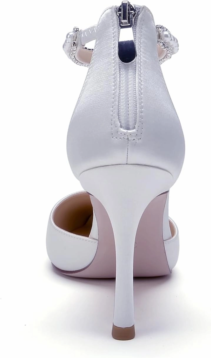 Pointed Toe Pearl Wedding Shoes for Bride White High Heels Satin Bridal Shoes Zipper Back Evening Party Dance Dresses Shoes Pumps for Women