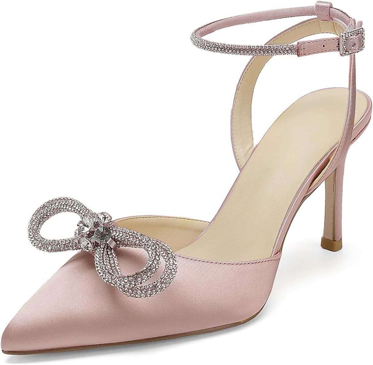 Pointed Toe Satin White Wedding High Heels Rhinestone Ankle Strap Dress Shoes Pumps for Bride