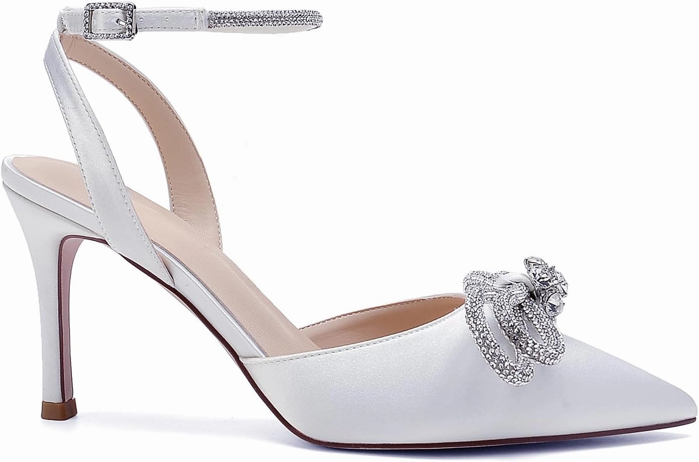 Pointed Toe Satin White Wedding High Heels Rhinestone Ankle Strap Dress Shoes Pumps for Bride