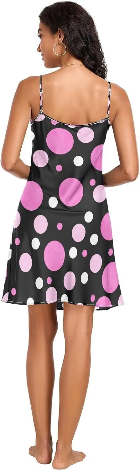 Polka Dot Pink Women's Satin Slip Dress, Spaghetti Strap Nightgown, Sleeveless Night Shirts for Woman, S