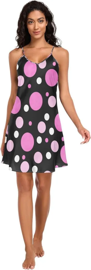 Polka Dot Pink Women's Satin Slip Dress, Spaghetti Strap Nightgown, Sleeveless Night Shirts for Woman, S