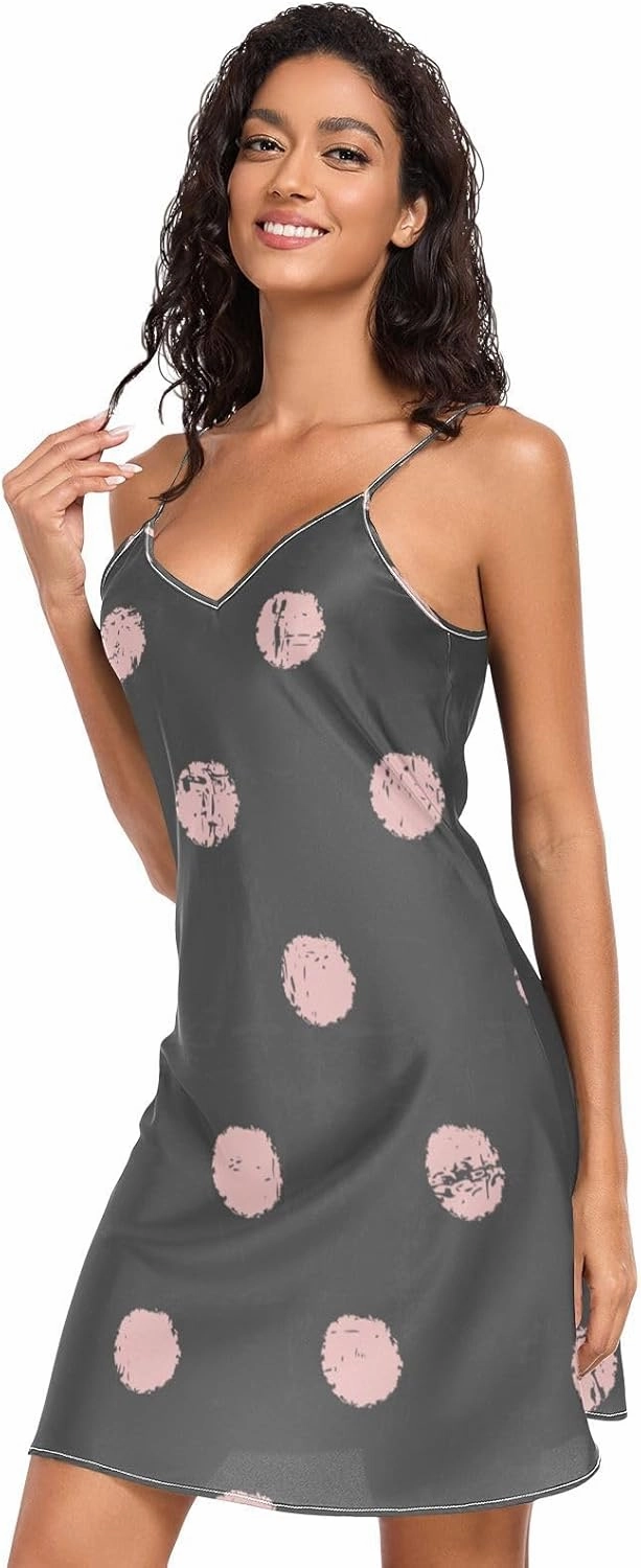 Polka Dots Pink Black Vintage Women Full Slips, Sexy V Neck Satin Cami Dress, Small