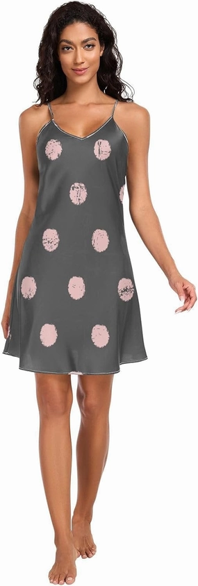 Polka Dots Pink Black Vintage Women Full Slips, Sexy V Neck Satin Cami Dress, Small