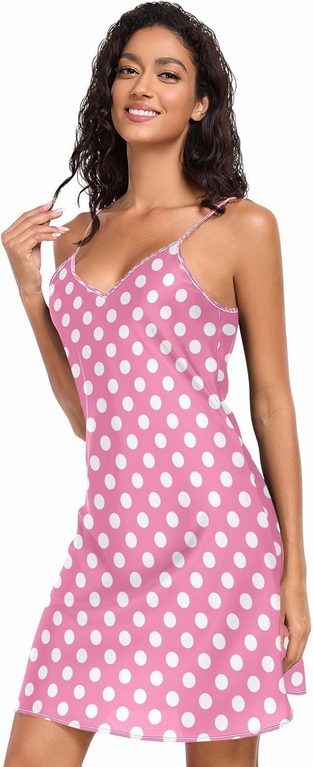 Polka Dots Pink Womens Slip, Satin Cami Sleep Dress, Sleeveless Night Shirts for Woman, S
