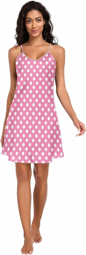 Polka Dots Pink Womens Slip, Satin Cami Sleep Dress, Sleeveless Night Shirts for Woman, S